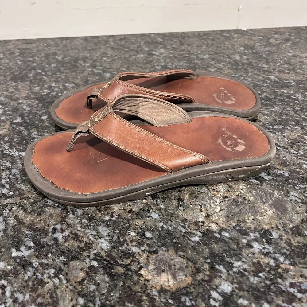 Men's Olukai Ohana Full-Grain Leather Flip-Flops Thong Sandals Size 8 EU 41